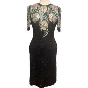Vintage 80s Scala Silk Beaded Dress Size Small